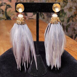 Long Gray Feather Drop Earrings 925 Silver Posts